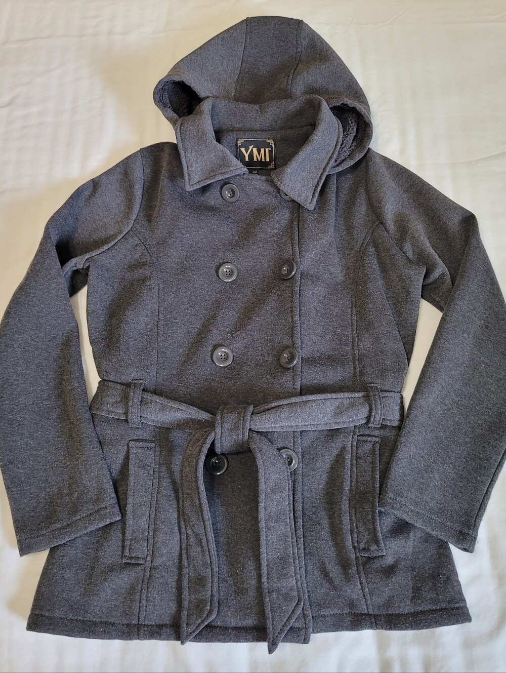 YMI Double-Breasted Jersey Knit Pea Coat, Hooded & Belted - Sz L, Gray, GUC - Picture 6 of 11